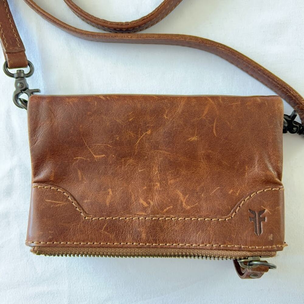 Frye Melissa Stadium Crossbody Bag Brown Distressed Leather Boho Western